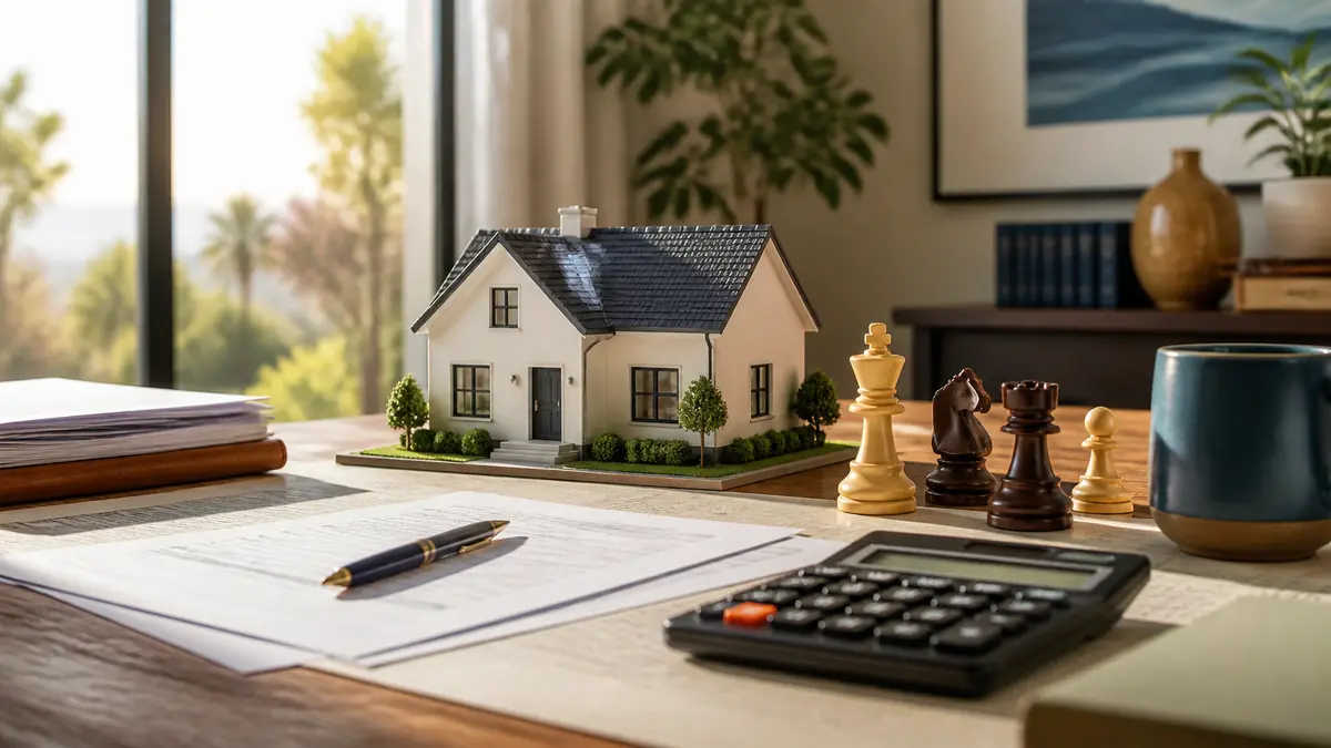 California home refinance planning with a house model, mortgage documents, calculator, and chess pieces on a desk