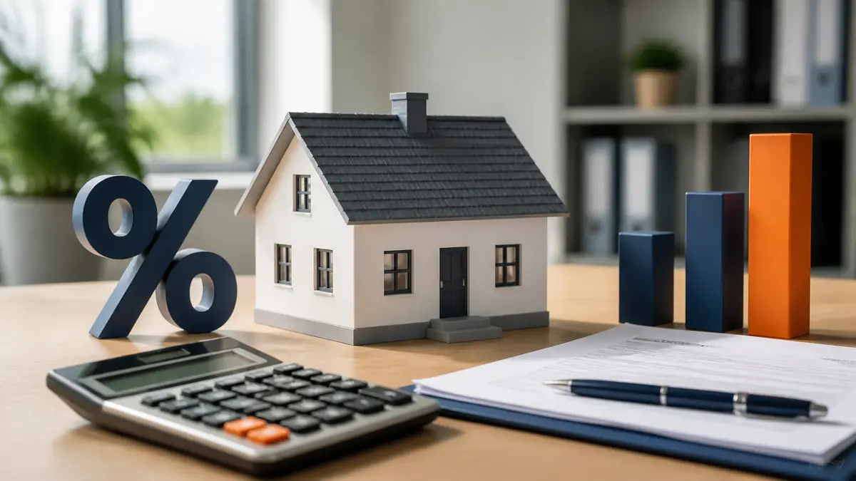 House model on a desk beside a percentage symbol, bar chart, and calculator — equity, loan-to-value, and rate requirements visualized