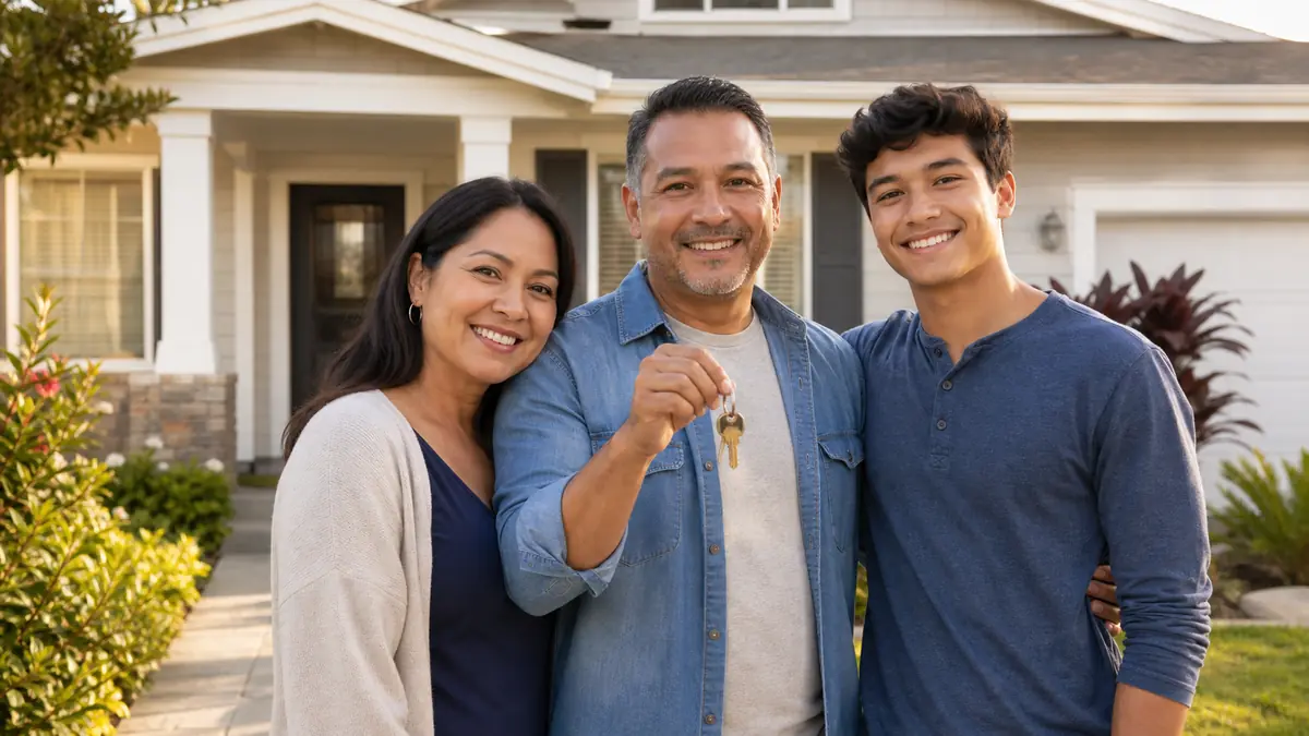 Family standing in front of their home holding keys — FHA cash-out refinance ending a Chapter 13 plan early, optimistic tone