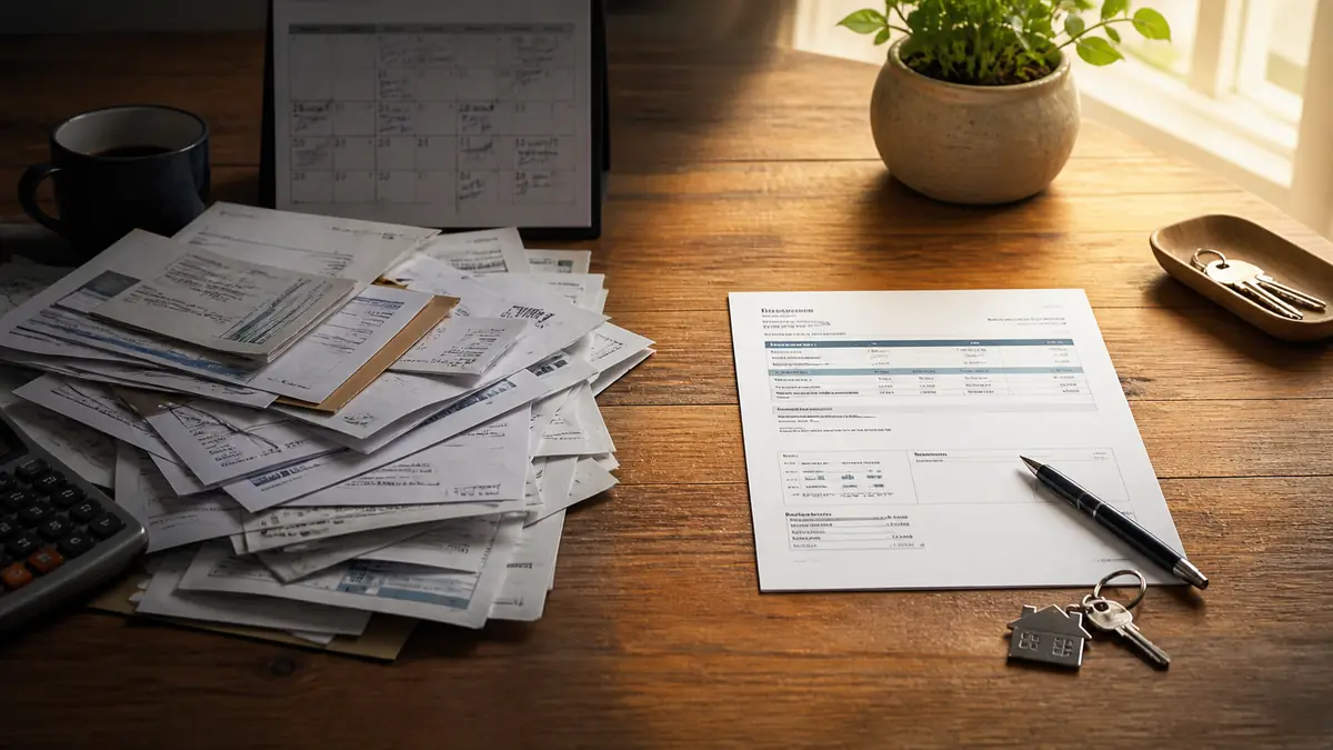 Split-scene concept: a heavy stack of bills and a calendar on one side, a single clean mortgage statement on the other — paying off Chapter 13 early