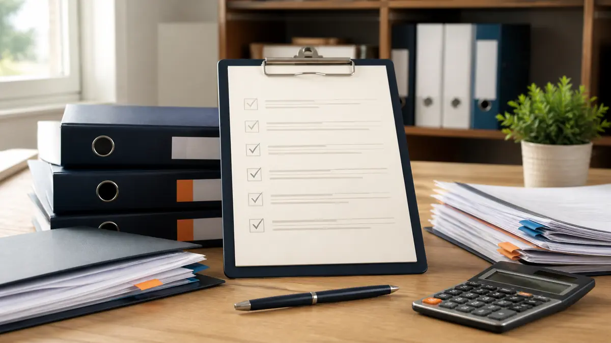 Neatly organized folders of financial documents, a checklist on a clipboard, and a pen on a tidy desk — document readiness