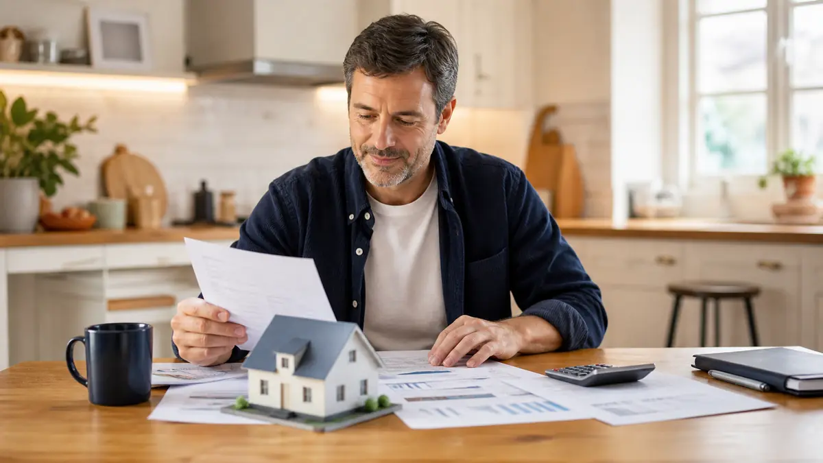 Homeowner reviewing refinance paperwork at a kitchen table with a small house model, calculator, and coffee — warm, hopeful morning light