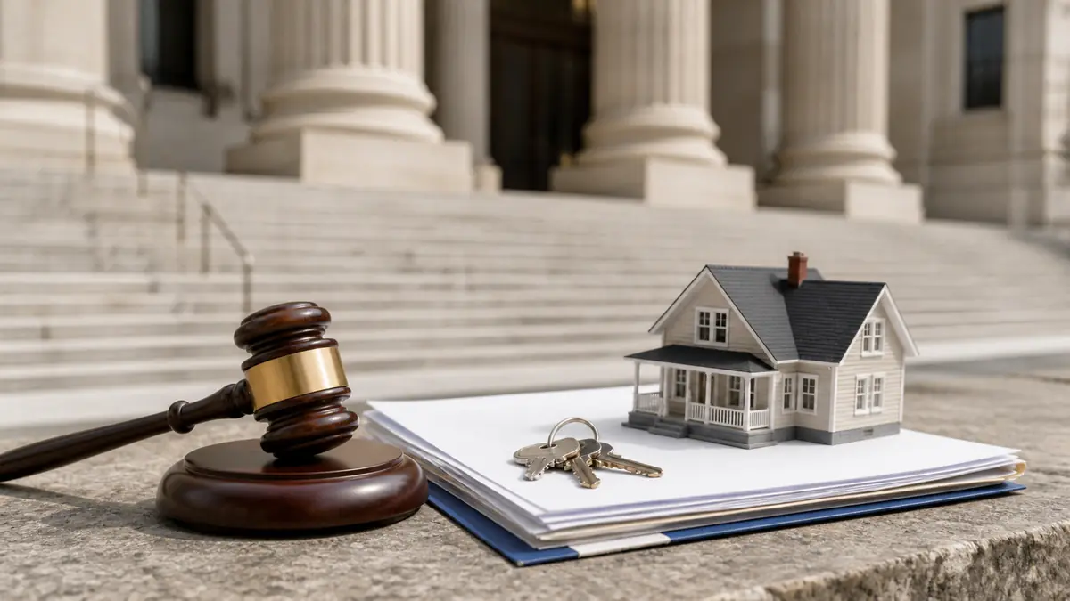Courthouse steps and a gavel beside mortgage documents and house keys — trustee and court approval for a Chapter 13 refinance