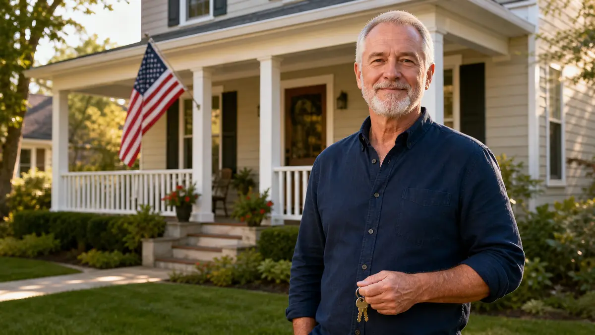 Veteran homeowner in front of their house with an American flag on the porch — VA refinance to pay off a Chapter 13 bankruptcy